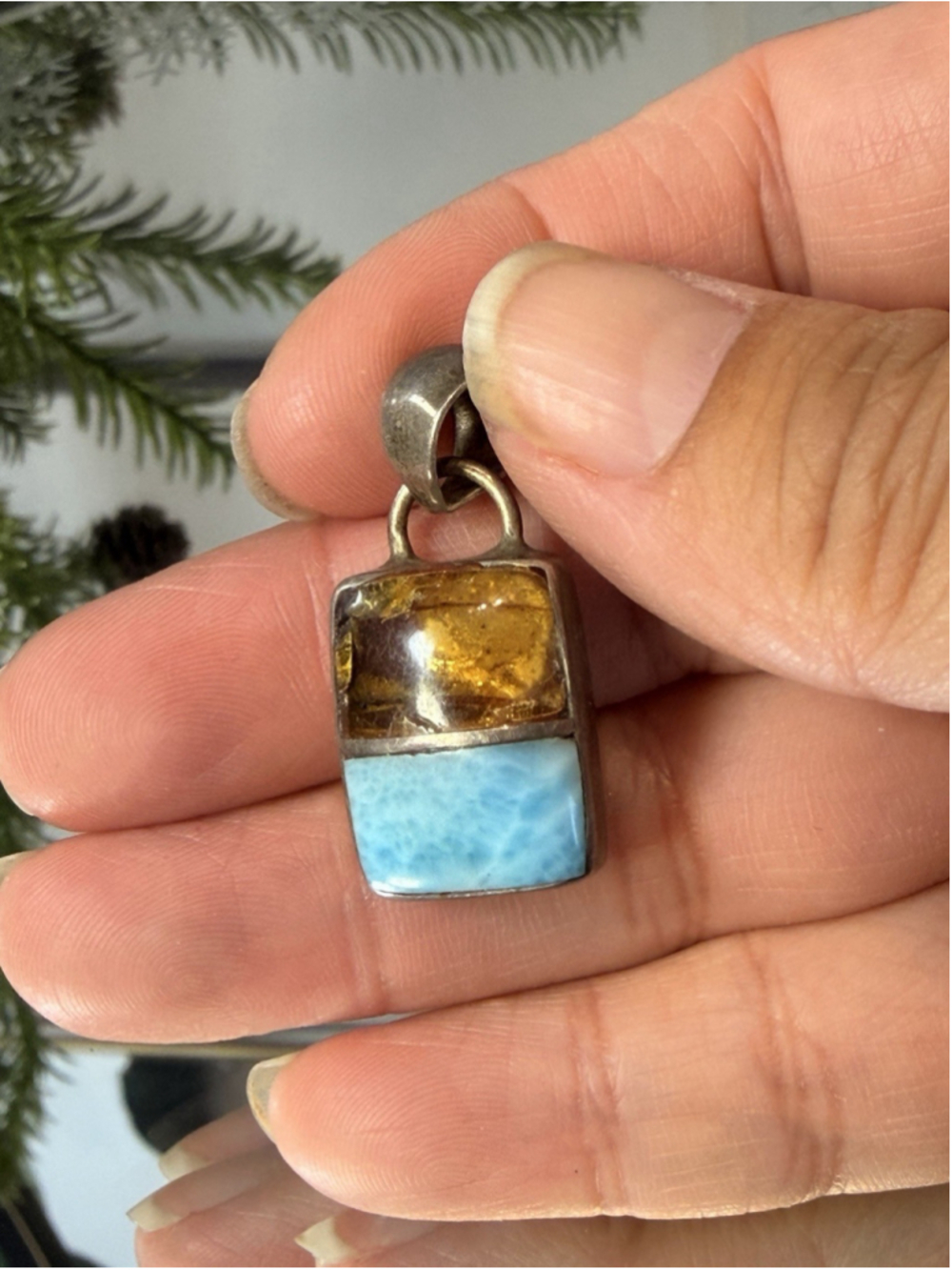 Sterling Silver Baltic Amber Sleeping Beauty Larimar Pendant Handmade Modern